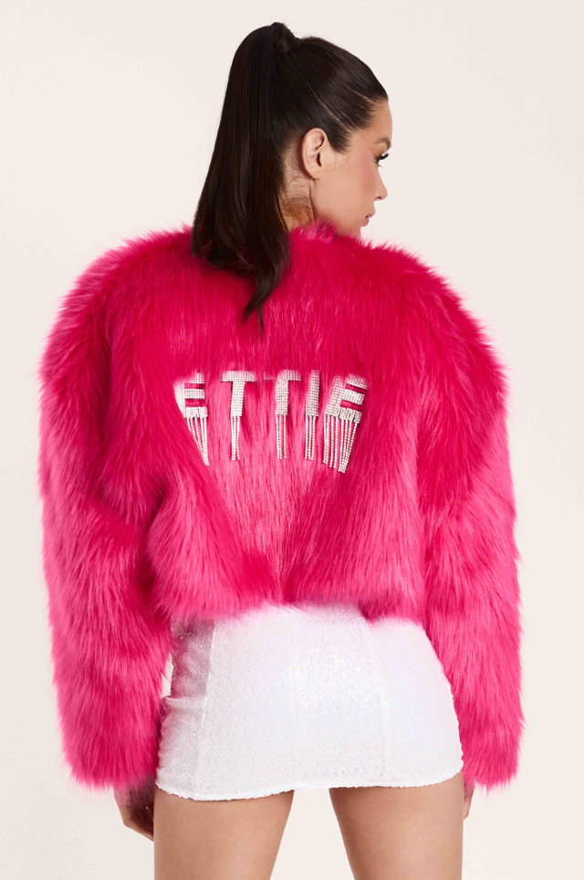 CLIO Hot Pink Rhinestone Back Faux Fur Cropped Coat