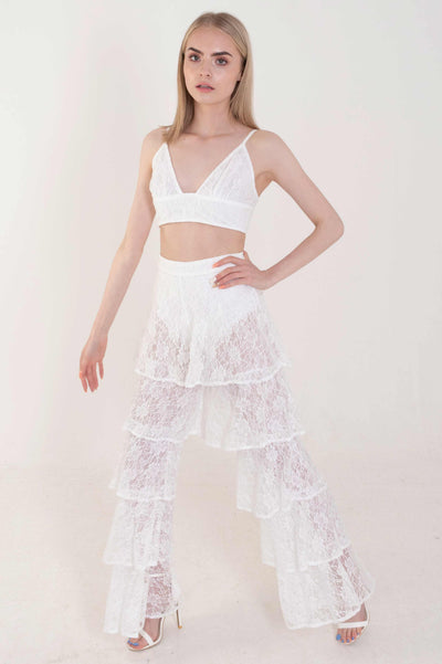 White Tiered Lace Trousers