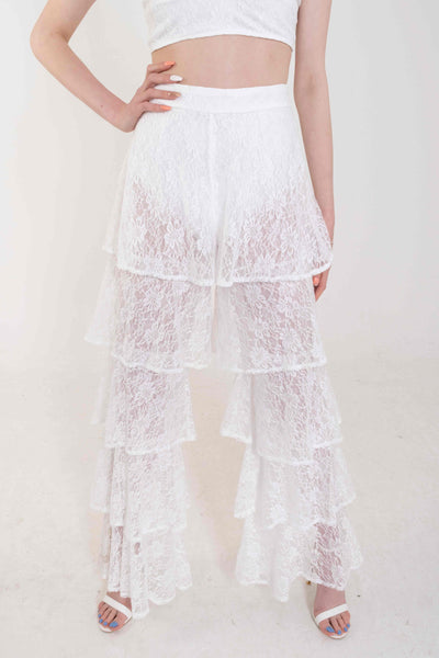 White Tiered Lace Trousers